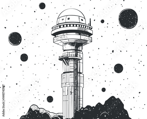 Black and white illustration of a space observatory tower with a dome telescope surrounded by planets and stars in outer space.