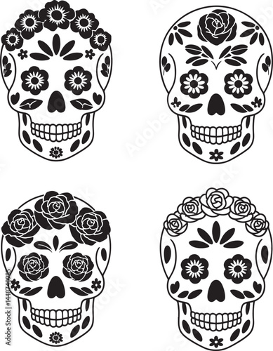 Sugar skulls silhouette set vector illustration isolated On Transparent Background