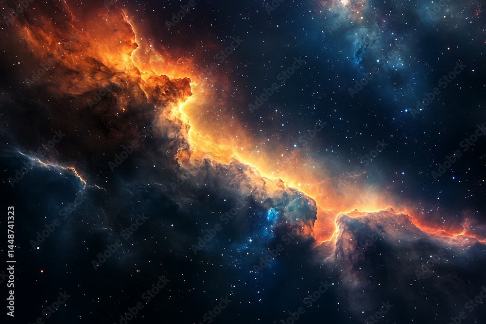 Fototapeta premium Celestial Inferno A fiery cosmic nebula ablaze with orange and blue hues scattered stars across a dark expanse of space