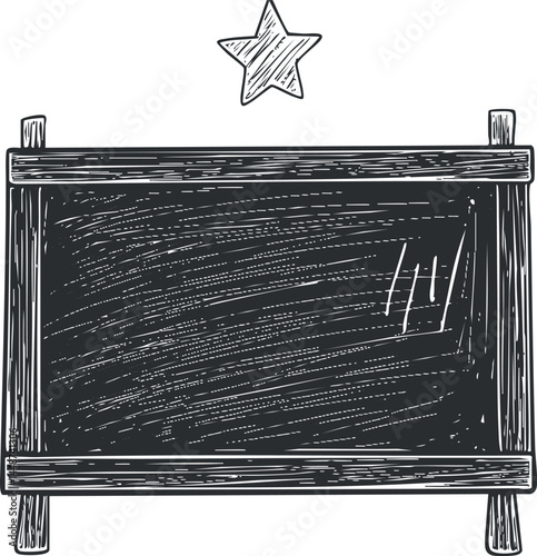 Hand drawn vintage blackboard with wooden frame and star above on white background
