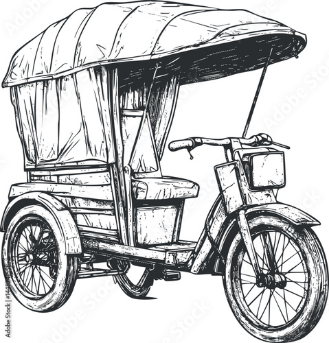 Hand-drawn black and white sketch of a rickshaw with canopy and three wheels for passenger transport