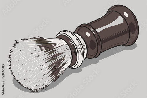 71 Luxurious shaving brush, soft white bristles, dark tips, polished wooden handle, elegant grooming tool, macro photography, studio lighting, gray background, high contrast, detailed texture, profess