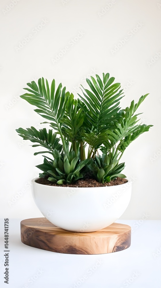 Obraz premium Lush Green Plants in White Pot on Wooden Stand