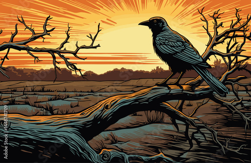 Vector Raven Pair at Sunset in Forest Clearing – Wildlife Scene with Golden Light
