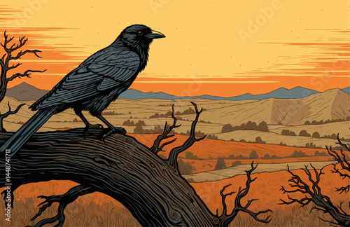 Vector Raven Perched on Tree Branch at Sunset – Serene Wildlife Scene with Moody Sky