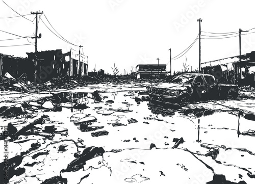 Black and white illustration of a devastated urban street with abandoned wrecked vehicles and destroyed buildings