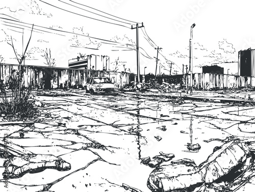 Black and white illustration of an abandoned urban street with cracked pavement puddles and old car