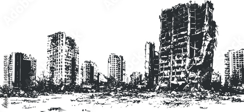 Black and white illustration of a city with destroyed and crumbling buildings in a post-apocalyptic setting