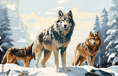 Vector Gray Wolves in Snowy Forest – Wildlife Illustration of Wolf Pack in Winter Pines