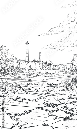Black and white sketch of an abandoned industrial factory with chimneys and cracked ground under a cloudy sky.