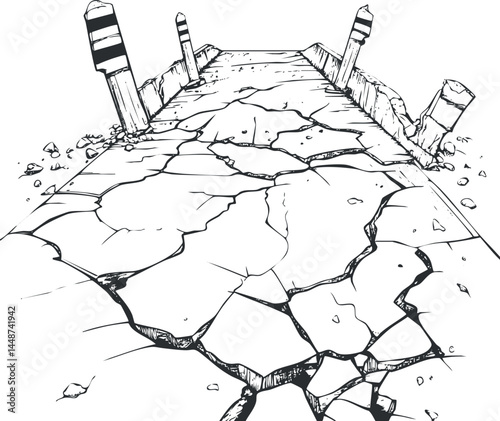 Black and white line drawing of a cracked and damaged road with broken signposts on the sides