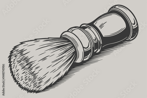 71 Luxurious shaving brush, soft white bristles, dark tips, polished wooden handle, elegant grooming tool, macro photography, studio lighting, gray background, high contrast, detailed texture, profess