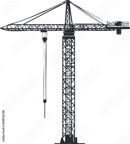 Black silhouette of a tower crane used in construction for lifting heavy materials at building sites.