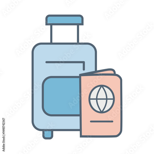 Pastel color suitcase and passport vector icon with crisp lines. Perfect for travel, planning, work from anywhere and digital graphics. High quality vector file.