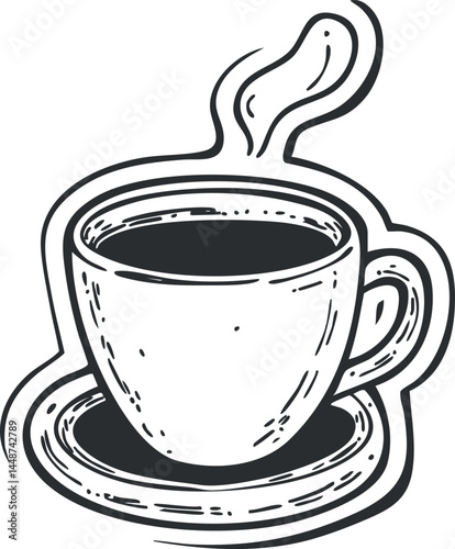 Black and white hand drawn illustration of a steaming hot coffee cup on a saucer
