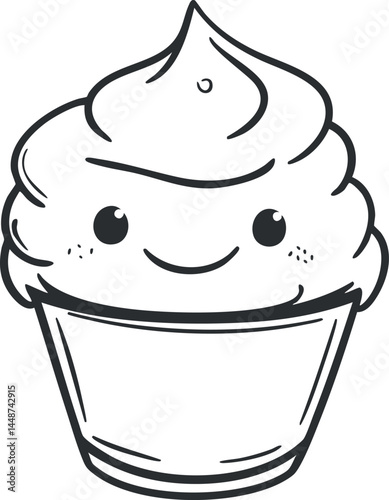 Cute smiling cupcake with whipped cream frosting in a simple black and white line art style