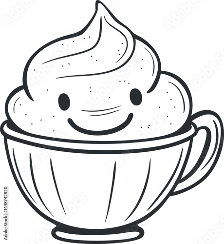 Whipped cream with a cute smiling face in a cup outlined in simple black and white line art