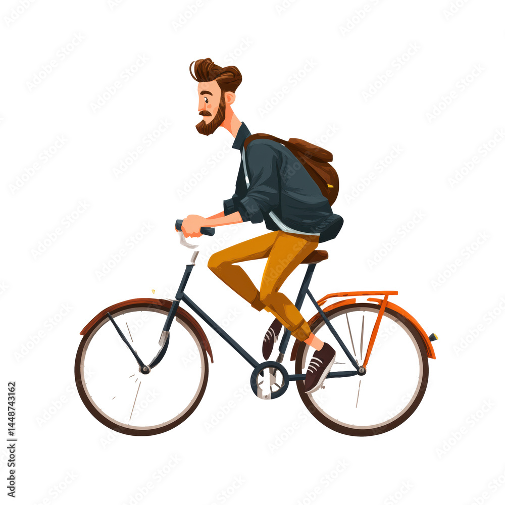 Naklejka premium Stylish Man Cycling Through Urban Landscape - A Dynamic Illustration of Outdoor Leisure , isolated on white background PNG