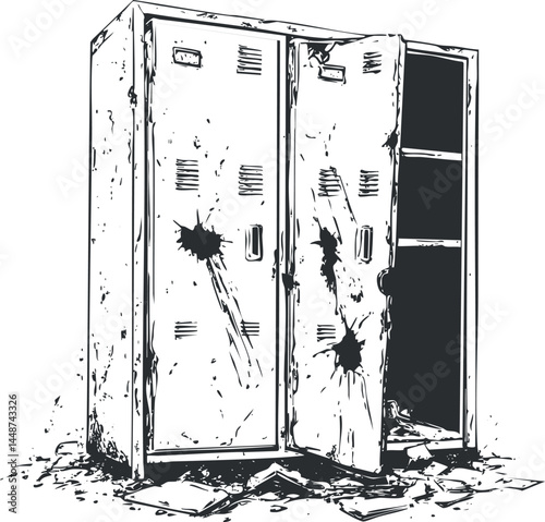 Black and white sketch of a damaged metal locker with open door and scattered debris on the floor.