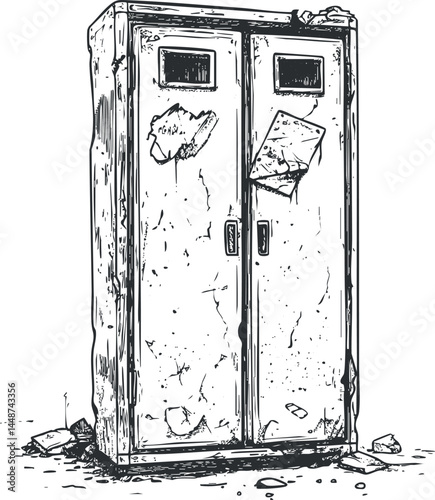 Illustration of an old rusty metal locker with two doors and damaged surface with papers attached