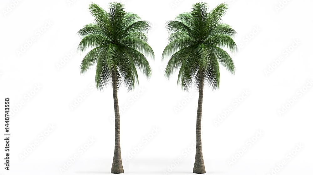 Obraz premium Two Lush Tropical Palm Trees Isolated on White Background