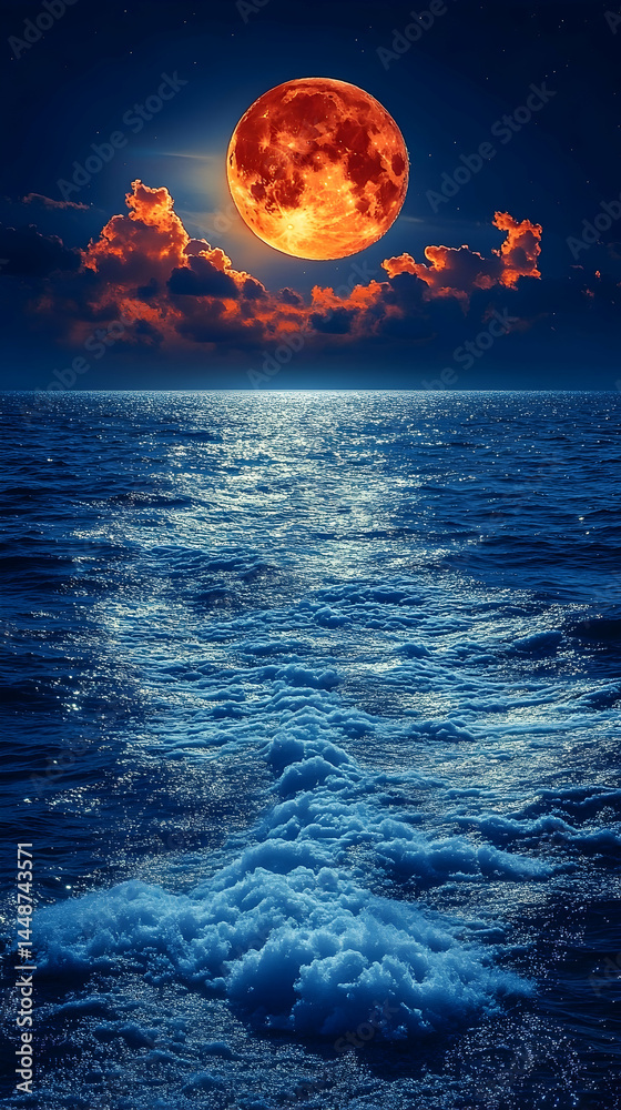 Fototapeta premium Crimson moon over a restless sea, dramatic night sky