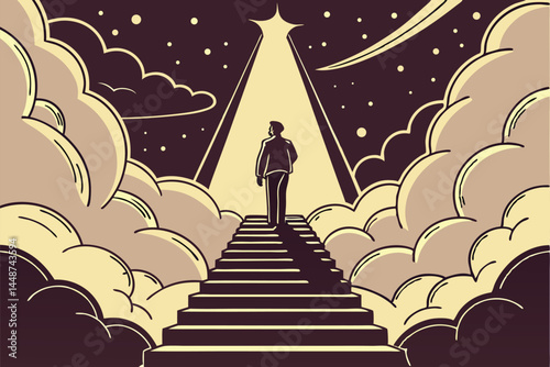 73 surreal stairway to heaven, lone figure ascending, cosmic clouds, glowing golden light, ethereal atmosphere, spiritual journey, mystical pathway, divine illumination, celestial staircase, transcend