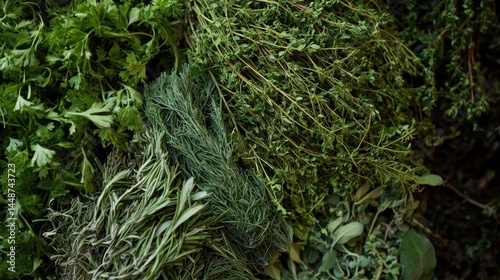 Close-up of a pile of various types of herbs. the herbs are of different sizes and shapes, with some being green and others being yellow.