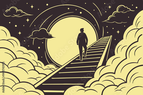 73 surreal stairway to heaven, lone figure ascending, cosmic clouds, glowing golden light, ethereal atmosphere, spiritual journey, mystical pathway, divine illumination, celestial staircase, transcend