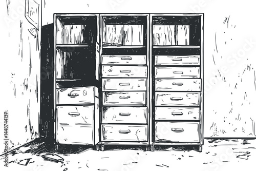 Black and white sketch of a wooden cabinet with multiple drawers and shelves in an empty room