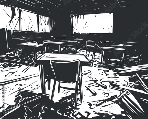 Black and white image of an abandoned classroom with broken furniture and debris scattered around the floor.