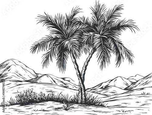 Photography Black and white sketch of two palm trees in a desert landscape with mountains an