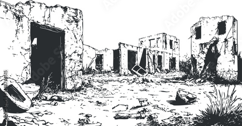 Black and white sketch of an abandoned urban area with dilapidated buildings and debris scattered around