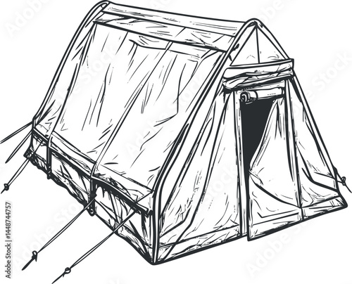 Hand-drawn sketch of a camping tent with ropes and poles for outdoor shelter and travel