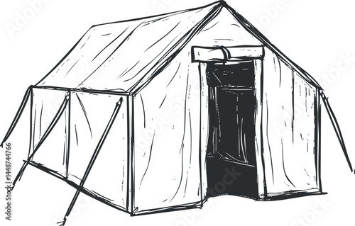 Black and white sketch of a camping tent with open entrance and support ropes on white background