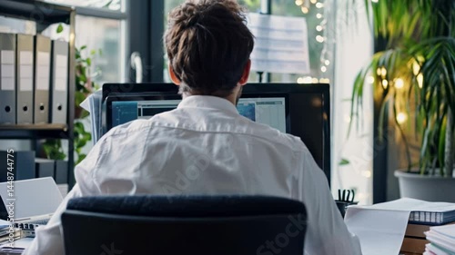 Financial analyst working at desk with dual monitors and documents in a green-lit office.