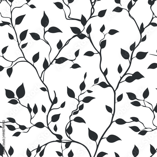 Seamless black and white botanical pattern with leaves and twisting branches on white background