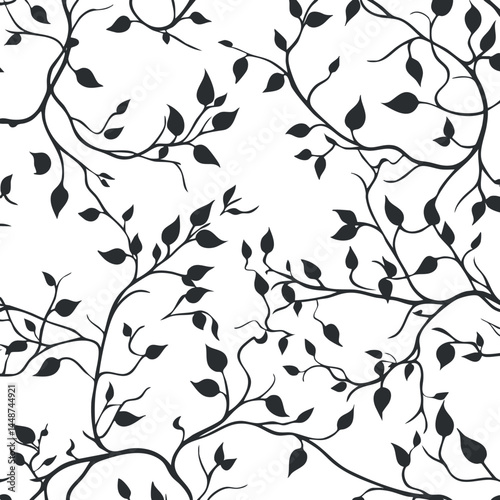 Seamless black and white pattern of branches with leaves creating a decorative botanical background