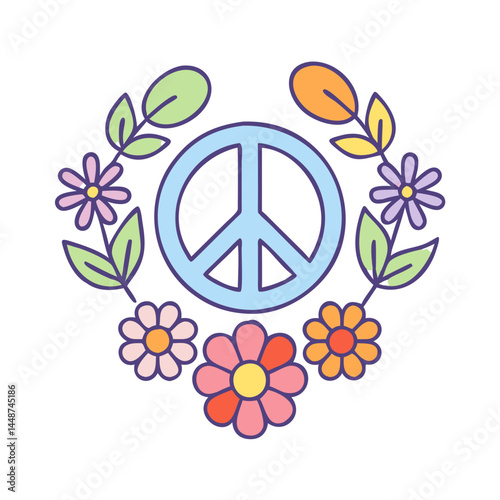 Peace sign with flowers and leaves illustration for hippie culture and retro designs art