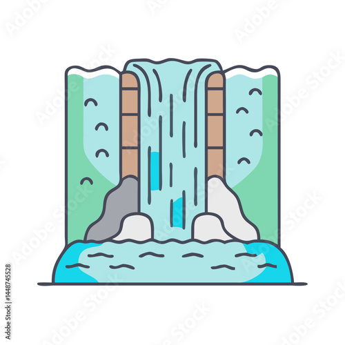Cartoon waterfall vector illustration of scenic landscape with flowing water and rocks nature scene