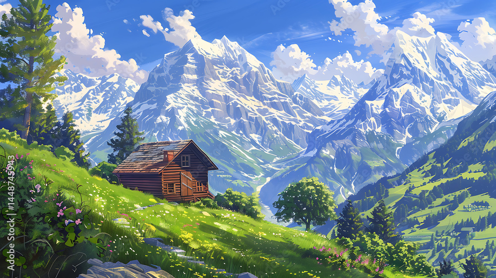 Fototapeta premium Alpine Cabin Amidst Majestic Snow-Capped Mountains