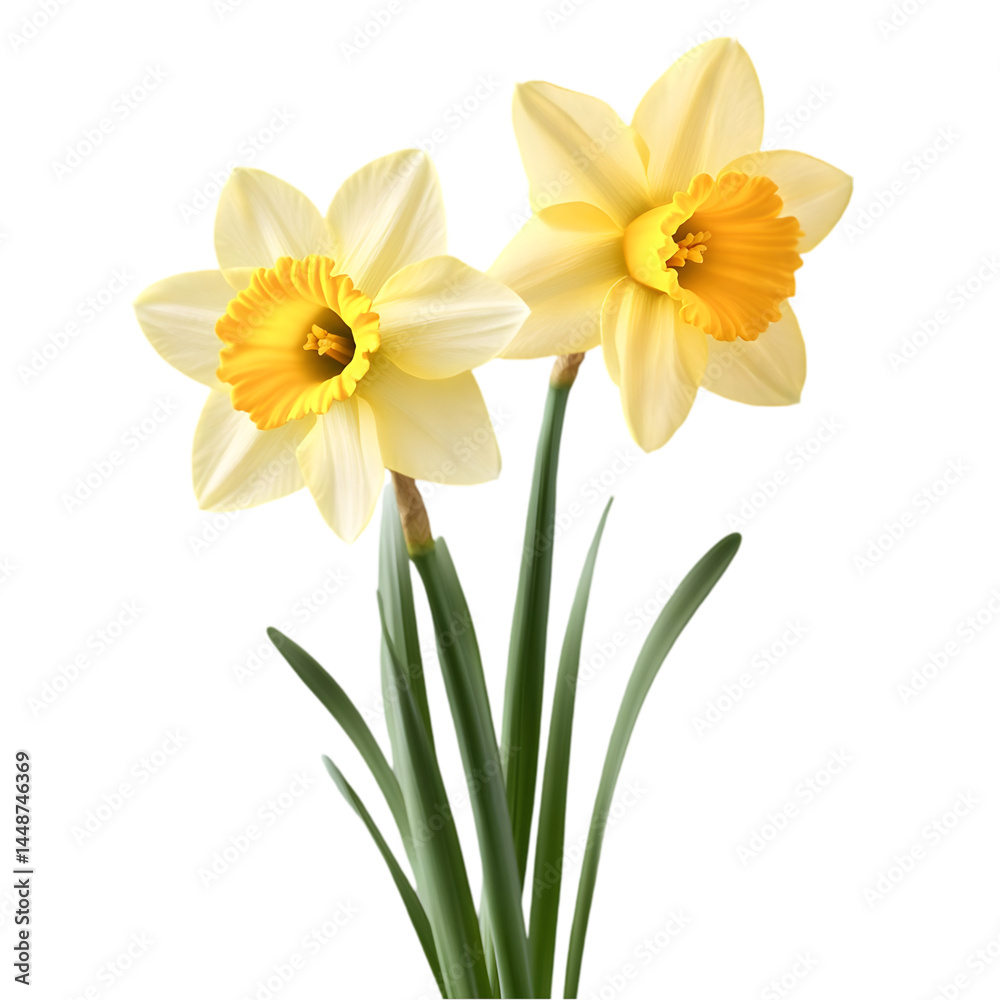 Fototapeta premium A close up shot of two yellow daffodils with green stems against a solid black color background image