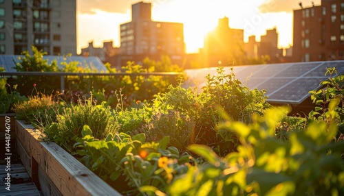 Solarpunk Rooftop Garden in Futuristic City with Solar Panels and Lush Vegetation