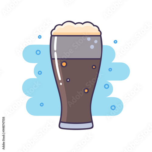 Illustration of dark beer in glass with foam head and blue bubbles vector graphic design
