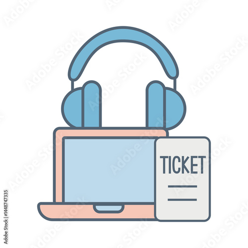 Vector icon of notebook with headphones and travel tickets. Pastel style, sharp lines. Suitable for work from home, travel business, online booking and high quality digital content.