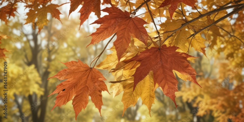 Fototapeta premium Close-up of maple leaves with blurred fall background, branch, november