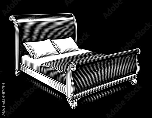 Sleigh bed woodblock print style black and white,  bedroom furniture against black background