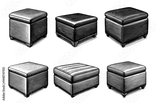 Square Ottomans Antique Woodblock Print Style Black and White for Footrests or Seating
