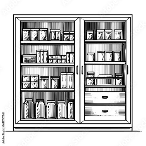 Pantry cabinet line drawing vintage style black and white representing food storage furniture