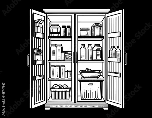 Open pantry line drawing vintage style black and white representing kitchen storage